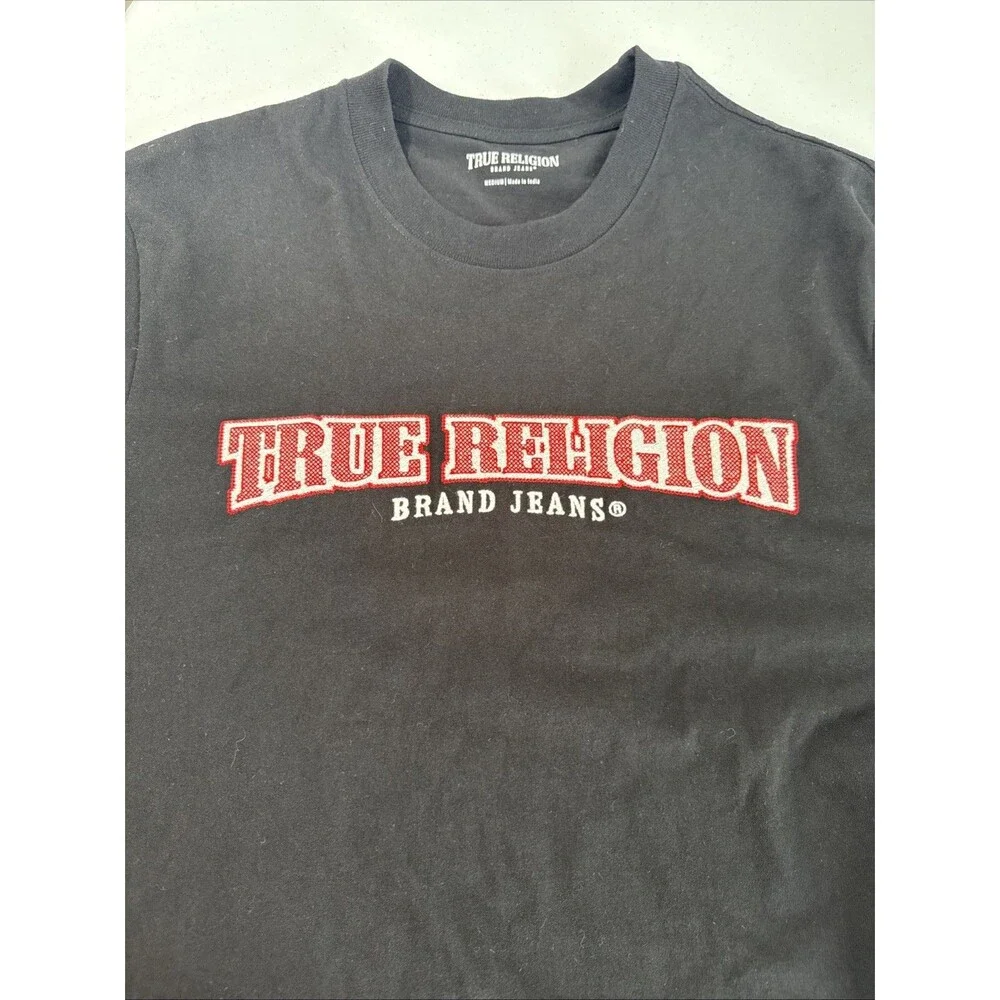 True Religion Jeans‎ T shirt Mens M Black Embroidered Logo Preppy